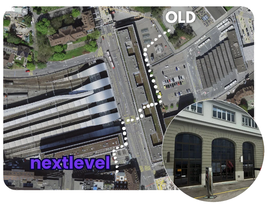 Aerial view from Bern main station to the new GoodGames Bern hub at Merkurgässli — labelled OLD and nextlevel — with a close-up of the new storefront.
